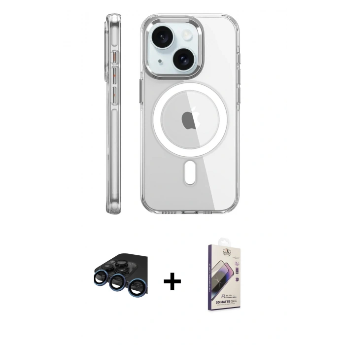 MARSİLYAN™- iPhone 15 Pro Kılıf Nova Doku - Siyah Bilvis 3D Mat Cam Ekran Koruyucu + Raze Metal Kamera Lens - LT