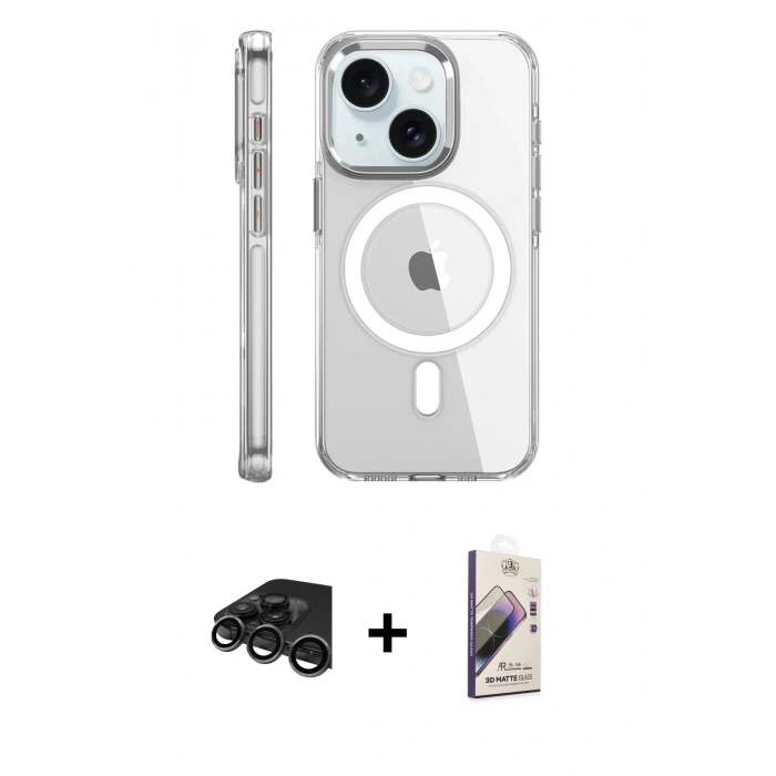 MARSİLYAN™- iPhone 15 Pro Kılıf Nova Doku - Siyah Bilvis 3D Mat Cam Ekran Koruyucu + Raze Metal Kamera Lens - TMGI