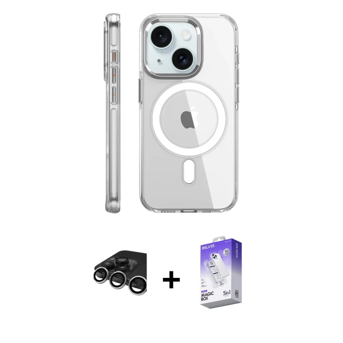 MARSİLYAN™- iPhone 15 Pro Kılıf Nova Doku - Siyah Bilvis 5in1 3D Magic Cam Ekran Koruyucu + Raze Metal Kamera Lens - GS