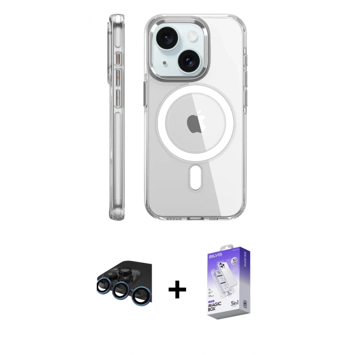 MARSİLYAN™- iPhone 15 Pro Kılıf Nova Doku - Siyah Bilvis 5in1 3D Magic Cam Ekran Koruyucu + Raze Metal Kamera Lens - LT