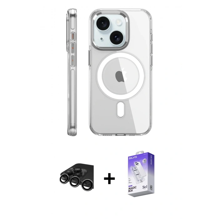 MARSİLYAN™- iPhone 15 Pro Kılıf Nova Doku - Siyah Bilvis 5in1 3D Magic Cam Ekran Koruyucu + Raze Metal Kamera Lens - TMGI