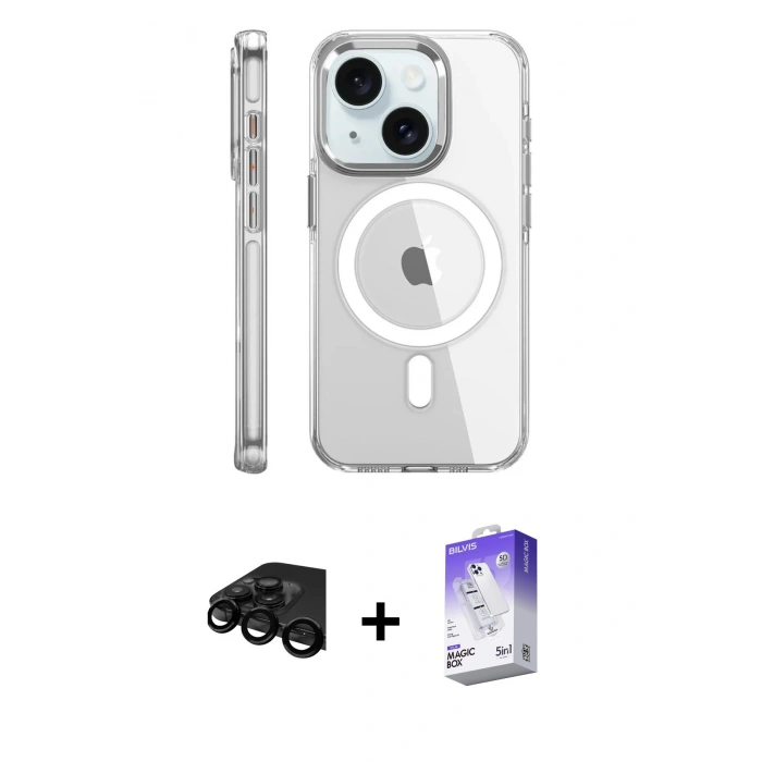 MARSİLYAN™- iPhone 15 Pro Kılıf Nova Doku - Siyah Bilvis 5in1 3D Magic Cam Ekran Koruyucu + Raze Metal Kamera Lens - SH