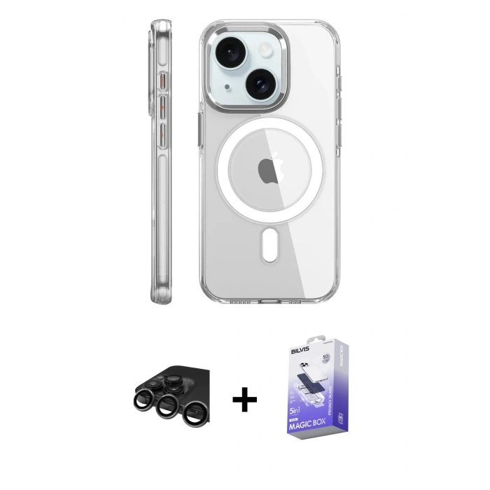 MARSİLYAN™- iPhone 15 Pro Kılıf Nova Doku - Siyah Bilvis 5in1 5D Magic Hayalet Cam Ekran Koruyucu + Raze Metal Kamera Lens - TMGI