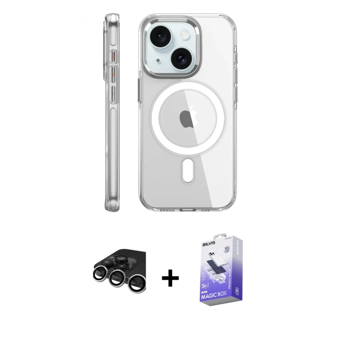 MARSİLYAN™- iPhone 15 Pro Kılıf Nova Doku - Siyah Bilvis 5in1 5D Magic Hayalet Cam Ekran Koruyucu + Raze Metal Kamera Lens - GS