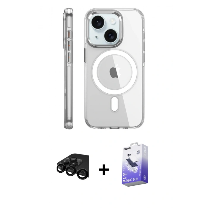 MARSİLYAN™- iPhone 15 Pro Kılıf Nova Doku - Siyah Bilvis 5in1 5D Magic Hayalet Cam Ekran Koruyucu + Raze Metal Kamera Lens - SH