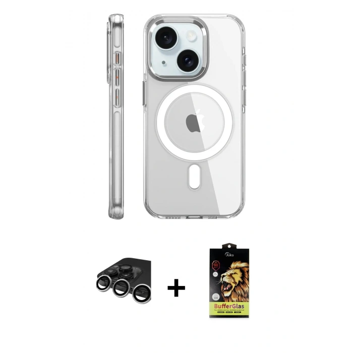 MARSİLYAN™- iPhone 15 Pro Kılıf Nova Doku - Siyah Buffer Cam Ekran Koruyucu + Raze Metal Kamera Lens - GS