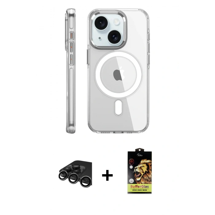 MARSİLYAN™- iPhone 15 Pro Kılıf Nova Doku - Siyah Buffer Cam Ekran Koruyucu + Raze Metal Kamera Lens - TMGI