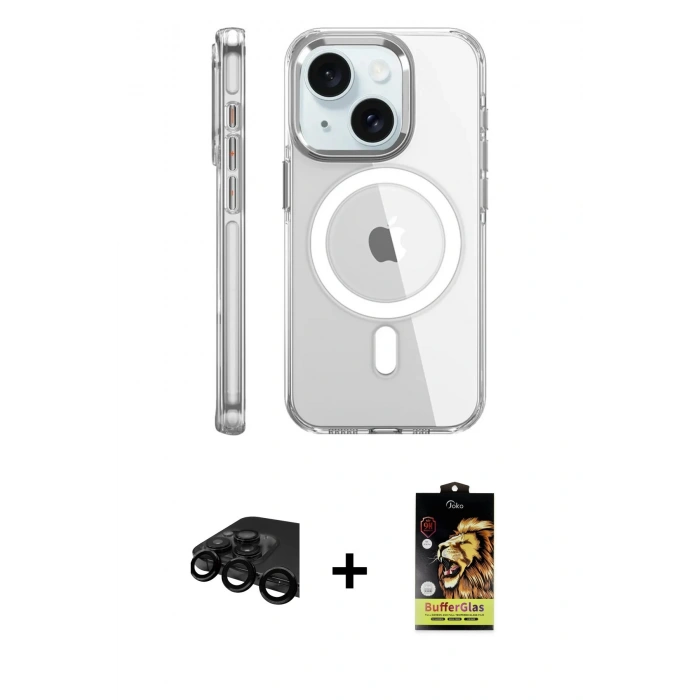 MARSİLYAN™- iPhone 15 Pro Kılıf Nova Doku - Siyah Buffer Cam Ekran Koruyucu + Raze Metal Kamera Lens - SH