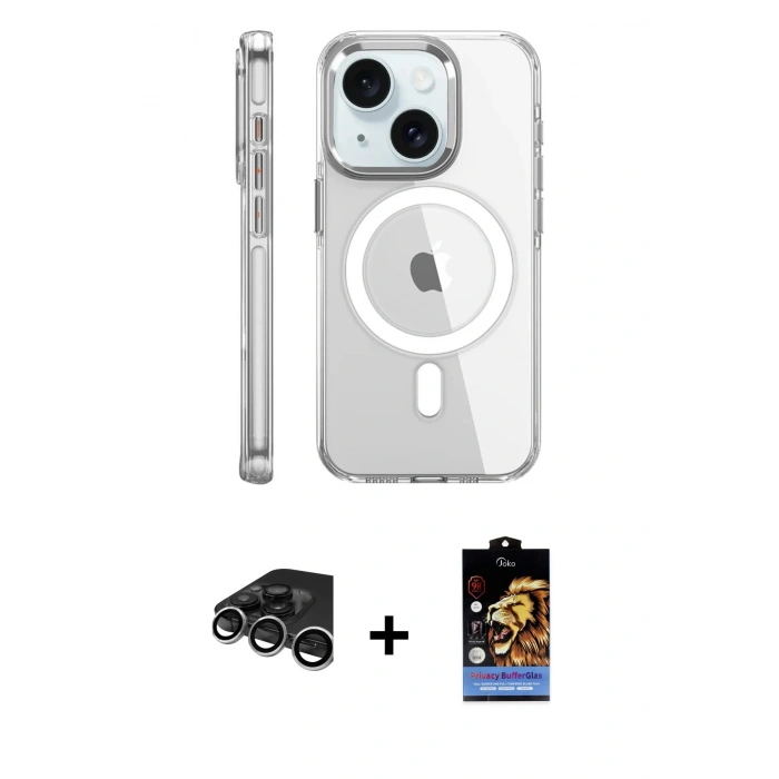 MARSİLYAN™- iPhone 15 Pro Kılıf Nova Doku - Siyah Buffer Hayalet Cam Ekran Koruyucu + Raze Metal Kamera Lens - GS
