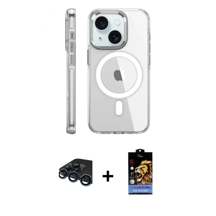 MARSİLYAN™- iPhone 15 Pro Kılıf Nova Doku - Siyah Buffer Hayalet Cam Ekran Koruyucu + Raze Metal Kamera Lens - LT