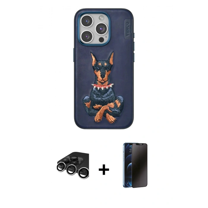 MARSİLYAN™- iPhone 15 Pro Kılıf Nova Form Koleksiyonu - Siyah 3D Antistatik Hayalet Cam Ekran Koruyucu + Gümüş Raze Metal Kamera Lens