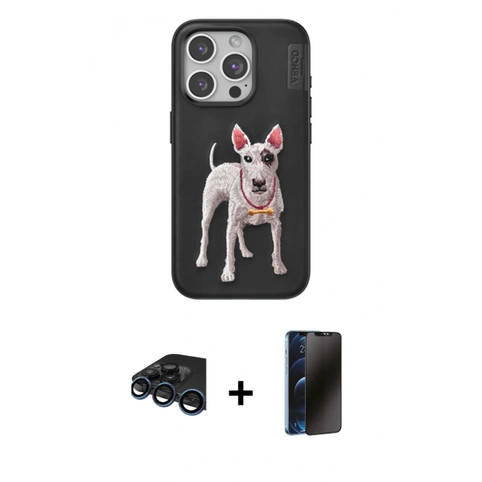 MARSİLYAN™- iPhone 15 Pro Kılıf Nova Form Koleksiyonu - Siyah 3D Antistatik Hayalet Cam Ekran Koruyucu + Raze Metal Kamera Lens - LT