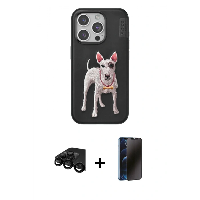 MARSİLYAN™- iPhone 15 Pro Kılıf Nova Form Koleksiyonu - Siyah 3D Antistatik Hayalet Cam Ekran Koruyucu + Raze Metal Kamera Lens - SH