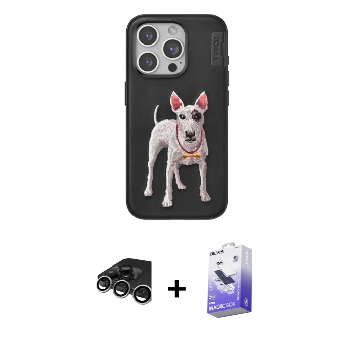 MARSİLYAN™- iPhone 15 Pro Kılıf Nova Form Koleksiyonu - Siyah Bilvis 5in1 5D Magic Hayalet Cam Ekran Koruyucu + Raze Metal Kamera Lens - GS