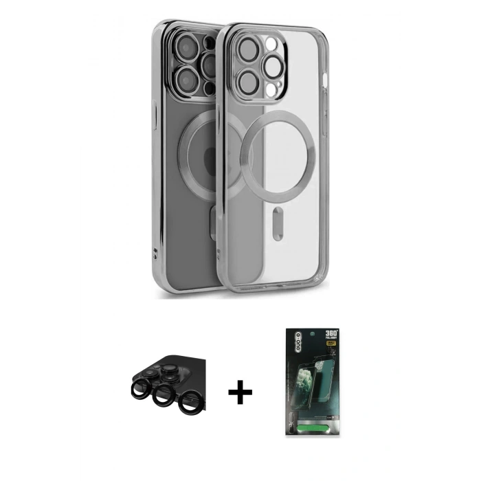 MARSİLYAN™- iPhone 15 Pro Kılıf Nova Işık Özel Seri - Şeffaf 360 Full Body Arka Koruyucu + Siyah Raze Metal Kamera Lens