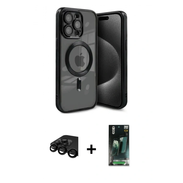MARSİLYAN™- iPhone 15 Pro Kılıf Nova Işık Özel Seri - Şeffaf 360 Full Body Arka Koruyucu + Siyah Raze Metal Kamera Lens