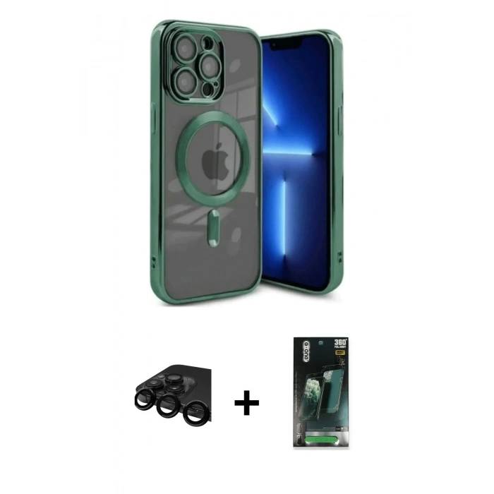 MARSİLYAN™- iPhone 15 Pro Kılıf Nova Işık Özel Seri - Şeffaf 360 Full Body Arka Koruyucu + Siyah Raze Metal Kamera Lens