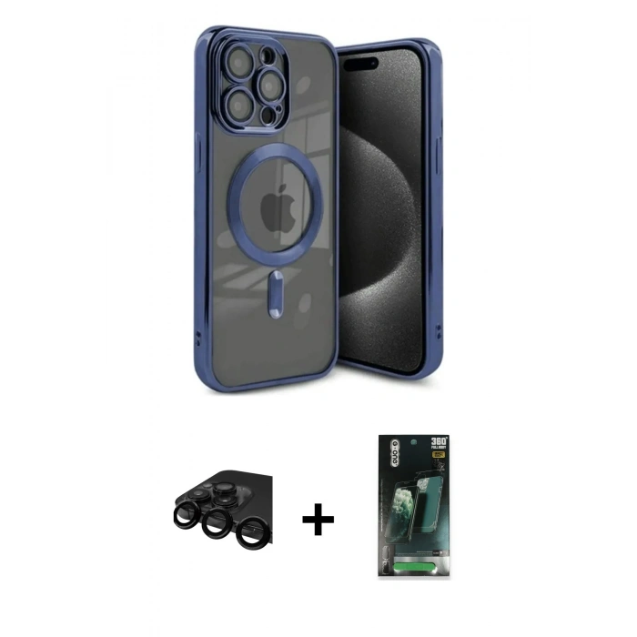 MARSİLYAN™- iPhone 15 Pro Kılıf Nova Işık Özel Seri - Şeffaf 360 Full Body Arka Koruyucu + Siyah Raze Metal Kamera Lens