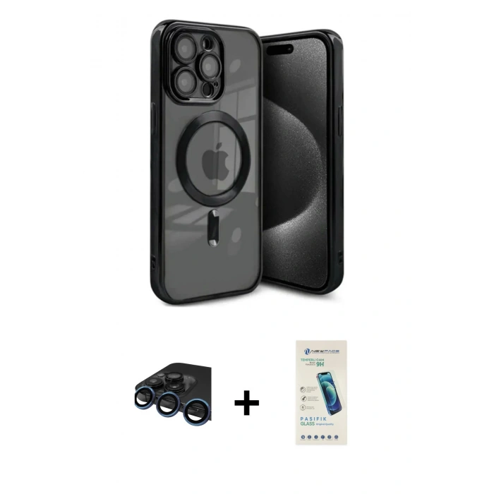 MARSİLYAN™- iPhone 15 Pro Kılıf Nova Işık Özel Seri - Şeffaf Pasifik Cam Ekran Koruyucu + Raze Metal Kamera Lens - LT