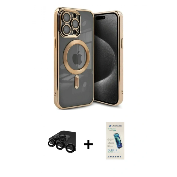 MARSİLYAN™- iPhone 15 Pro Kılıf Nova Işık Özel Seri - Şeffaf Pasifik Cam Ekran Koruyucu + Raze Metal Kamera Lens - SH