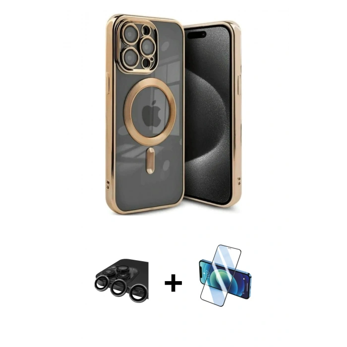 MARSİLYAN™- iPhone 15 Pro Kılıf Nova Işık Özel Seri - Siyah 3D Antistatik Cam Ekran Koruyucu + Titanyum Gri Raze Metal Kamera Lens