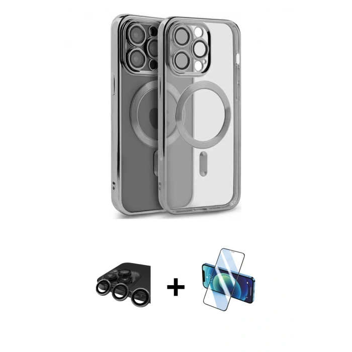 MARSİLYAN™- iPhone 15 Pro Kılıf Nova Işık Özel Seri - Siyah 3D Antistatik Cam Ekran Koruyucu + Titanyum Gri Raze Metal Kamera Lens