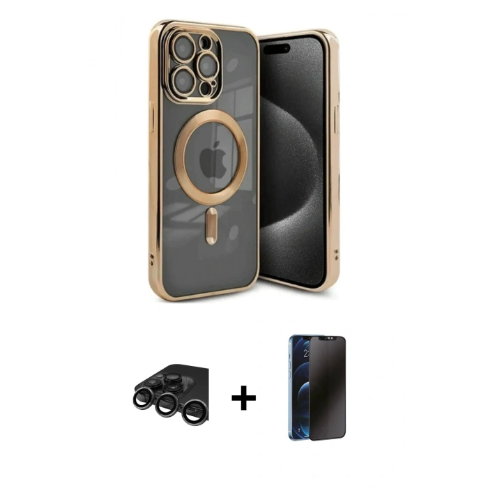 MARSİLYAN™- iPhone 15 Pro Kılıf Nova Işık Özel Seri - Siyah 3D Antistatik Hayalet Cam Ekran Koruyucu + Raze Metal Kamera Lens - TMGI