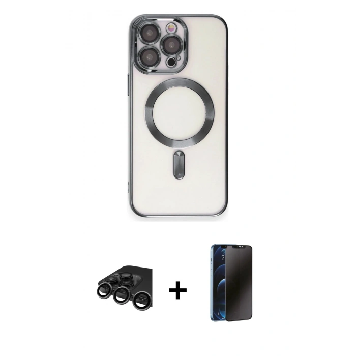 MARSİLYAN™- iPhone 15 Pro Kılıf Nova Işık Özel Seri - Siyah 3D Antistatik Hayalet Cam Ekran Koruyucu + Raze Metal Kamera Lens - TMGI