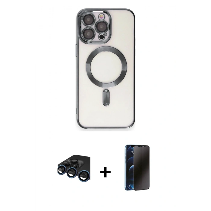 MARSİLYAN™- iPhone 15 Pro Kılıf Nova Işık Özel Seri - Siyah 3D Antistatik Hayalet Cam Ekran Koruyucu + Raze Metal Kamera Lens - LT