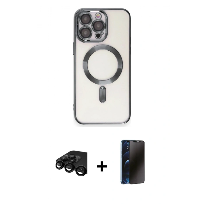 MARSİLYAN™- iPhone 15 Pro Kılıf Nova Işık Özel Seri - Siyah 3D Antistatik Hayalet Cam Ekran Koruyucu + Raze Metal Kamera Lens - SH