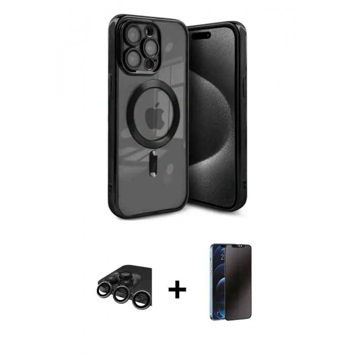 MARSİLYAN™- iPhone 15 Pro Kılıf Nova Işık Özel Seri - Siyah 3D Antistatik Hayalet Cam Ekran Koruyucu + Raze Metal Kamera Lens - TMGI
