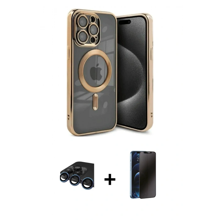 MARSİLYAN™- iPhone 15 Pro Kılıf Nova Işık Özel Seri - Siyah 3D Antistatik Hayalet Cam Ekran Koruyucu + Raze Metal Kamera Lens - LT