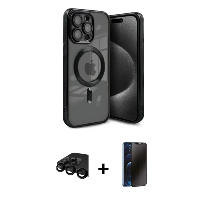 MARSİLYAN™- iPhone 15 Pro Kılıf Nova Işık Özel Seri - Siyah 3D Antistatik Hayalet Cam Ekran Koruyucu + Raze Metal Kamera Lens - SH