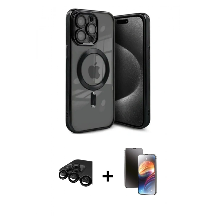MARSİLYAN™- iPhone 15 Pro Kılıf Nova Işık Özel Seri - Siyah 3D Antistatik Mat Seramik Nano Ekran Koruyucu + Raze Metal Kamera Lens - SH