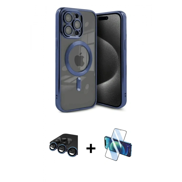 MARSİLYAN™- iPhone 15 Pro Kılıf Nova Işık Özel Seri - Siyah 3D Antistatik Seramik Nano Ekran Koruyucu + Lacivert Raze Metal Kamera Lens