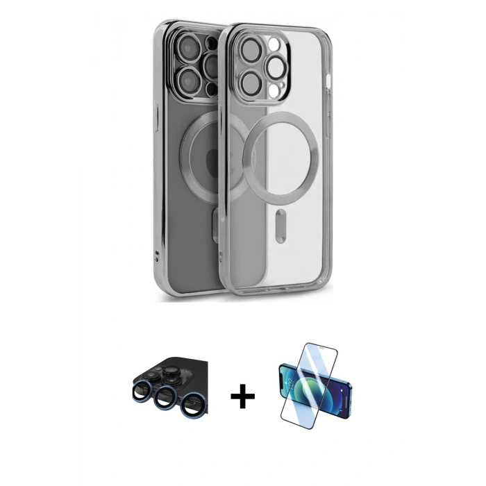 MARSİLYAN™- iPhone 15 Pro Kılıf Nova Işık Özel Seri - Siyah 3D Antistatik Seramik Nano Ekran Koruyucu + Lacivert Raze Metal Kamera Lens