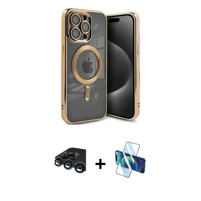 MARSİLYAN™- iPhone 15 Pro Kılıf Nova Işık Özel Seri - Siyah 3D Antistatik Seramik Nano Ekran Koruyucu + Lacivert Raze Metal Kamera Lens