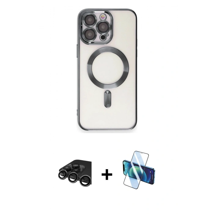 MARSİLYAN™- iPhone 15 Pro Kılıf Nova Işık Özel Seri - Siyah 3D Antistatik Seramik Nano Ekran Koruyucu + Raze Metal Kamera Lens - TMGI