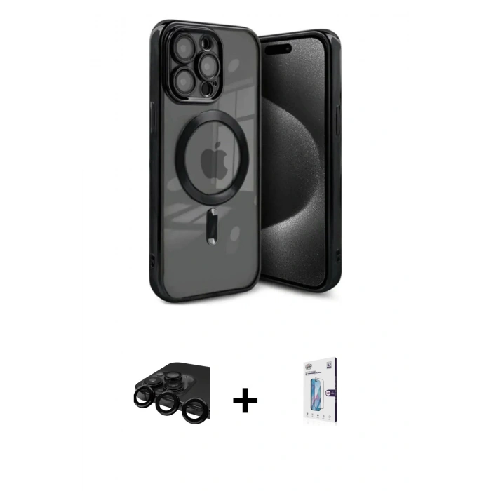 MARSİLYAN™- iPhone 15 Pro Kılıf Nova Işık Özel Seri - Siyah Bilvis 0.18mm Plus Cam Ekran Koruyucu + Raze Metal Kamera Lens - SH