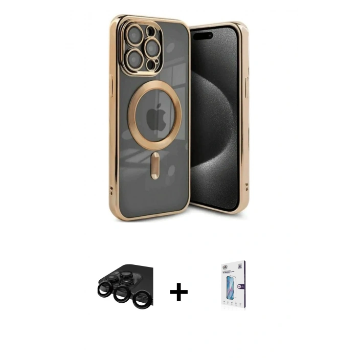 MARSİLYAN™- iPhone 15 Pro Kılıf Nova Işık Özel Seri - Siyah Bilvis 0.18mm Plus Cam Ekran Koruyucu + Raze Metal Kamera Lens - SH
