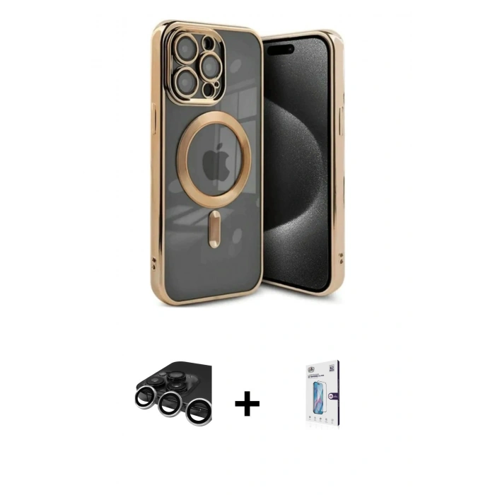 MARSİLYAN™- iPhone 15 Pro Kılıf Nova Işık Özel Seri - Siyah Bilvis 0.18mm Plus Cam Ekran Koruyucu + Raze Metal Kamera Lens - GS