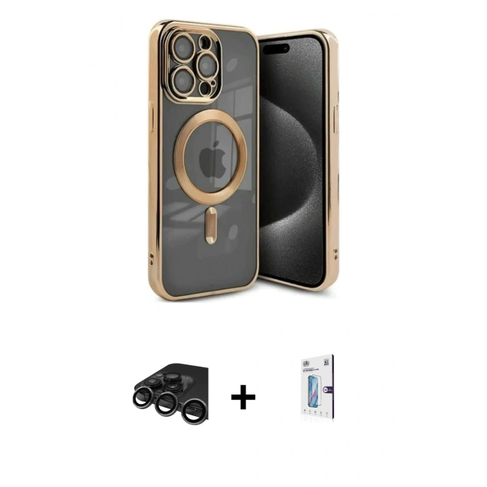 MARSİLYAN™- iPhone 15 Pro Kılıf Nova Işık Özel Seri - Siyah Bilvis 0.18mm Plus Cam Ekran Koruyucu + Raze Metal Kamera Lens - TMGI