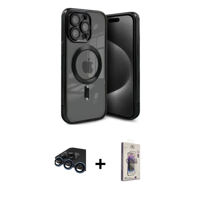 MARSİLYAN™- iPhone 15 Pro Kılıf Nova Işık Özel Seri - Siyah Bilvis 3D Cam Ekran Koruyucu + Raze Metal Kamera Lens - LT