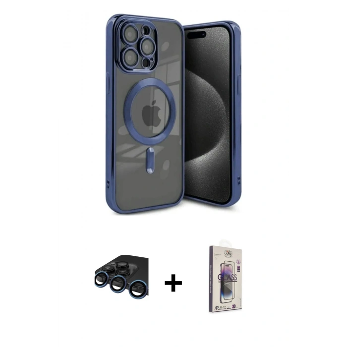 MARSİLYAN™- iPhone 15 Pro Kılıf Nova Işık Özel Seri - Siyah Bilvis 3D Cam Ekran Koruyucu + Raze Metal Kamera Lens - LT