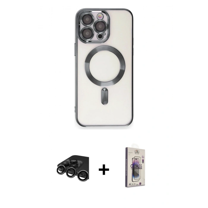 MARSİLYAN™- iPhone 15 Pro Kılıf Nova Işık Özel Seri - Siyah Bilvis 3D Cam Ekran Koruyucu + Raze Metal Kamera Lens - TMGI