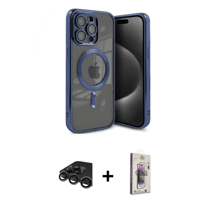MARSİLYAN™- iPhone 15 Pro Kılıf Nova Işık Özel Seri - Siyah Bilvis 3D Cam Ekran Koruyucu + Raze Metal Kamera Lens - TMGI