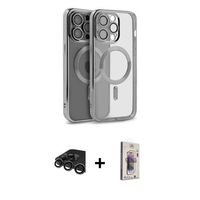 MARSİLYAN™- iPhone 15 Pro Kılıf Nova Işık Özel Seri - Siyah Bilvis 3D Cam Ekran Koruyucu + Raze Metal Kamera Lens - TMGI