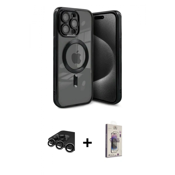 MARSİLYAN™- iPhone 15 Pro Kılıf Nova Işık Özel Seri - Siyah Bilvis 3D Cam Ekran Koruyucu + Raze Metal Kamera Lens - TMGI