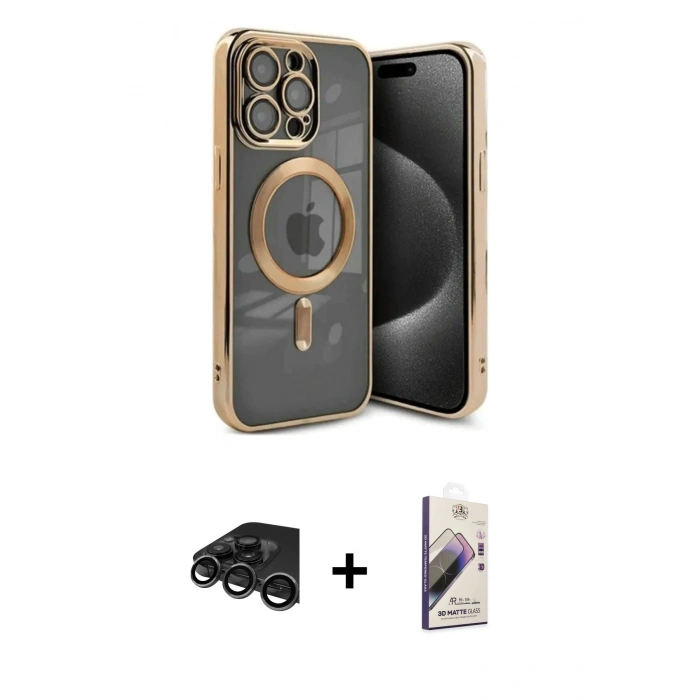 MARSİLYAN™- iPhone 15 Pro Kılıf Nova Işık Özel Seri - Siyah Bilvis 3D Mat Cam Ekran Koruyucu + Titanyum Gri Raze Metal Kamera Lens