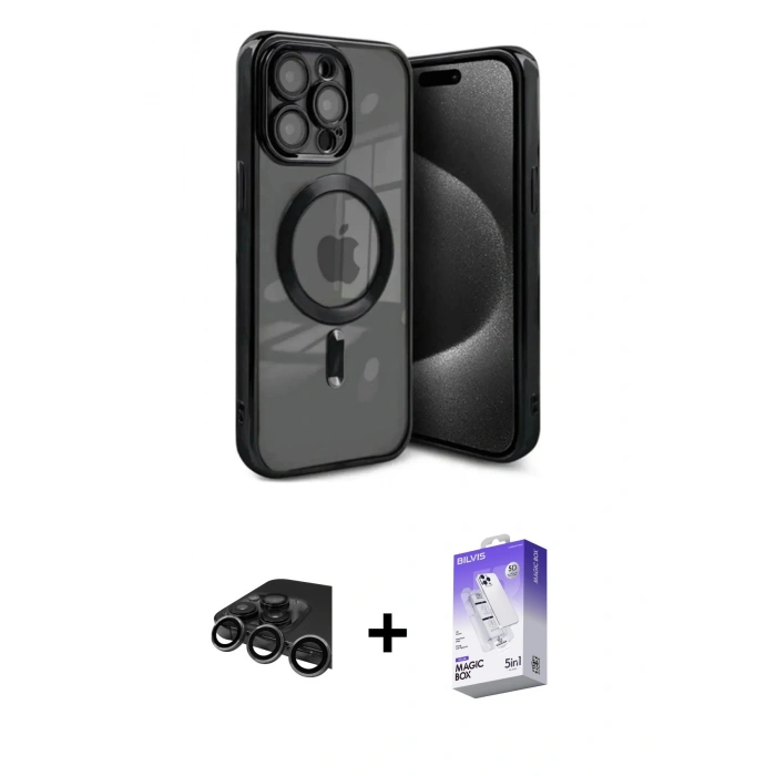 MARSİLYAN™- iPhone 15 Pro Kılıf Nova Işık Özel Seri - Siyah Bilvis 5in1 3D Magic Cam Ekran Koruyucu + Raze Metal Kamera Lens - TMGI
